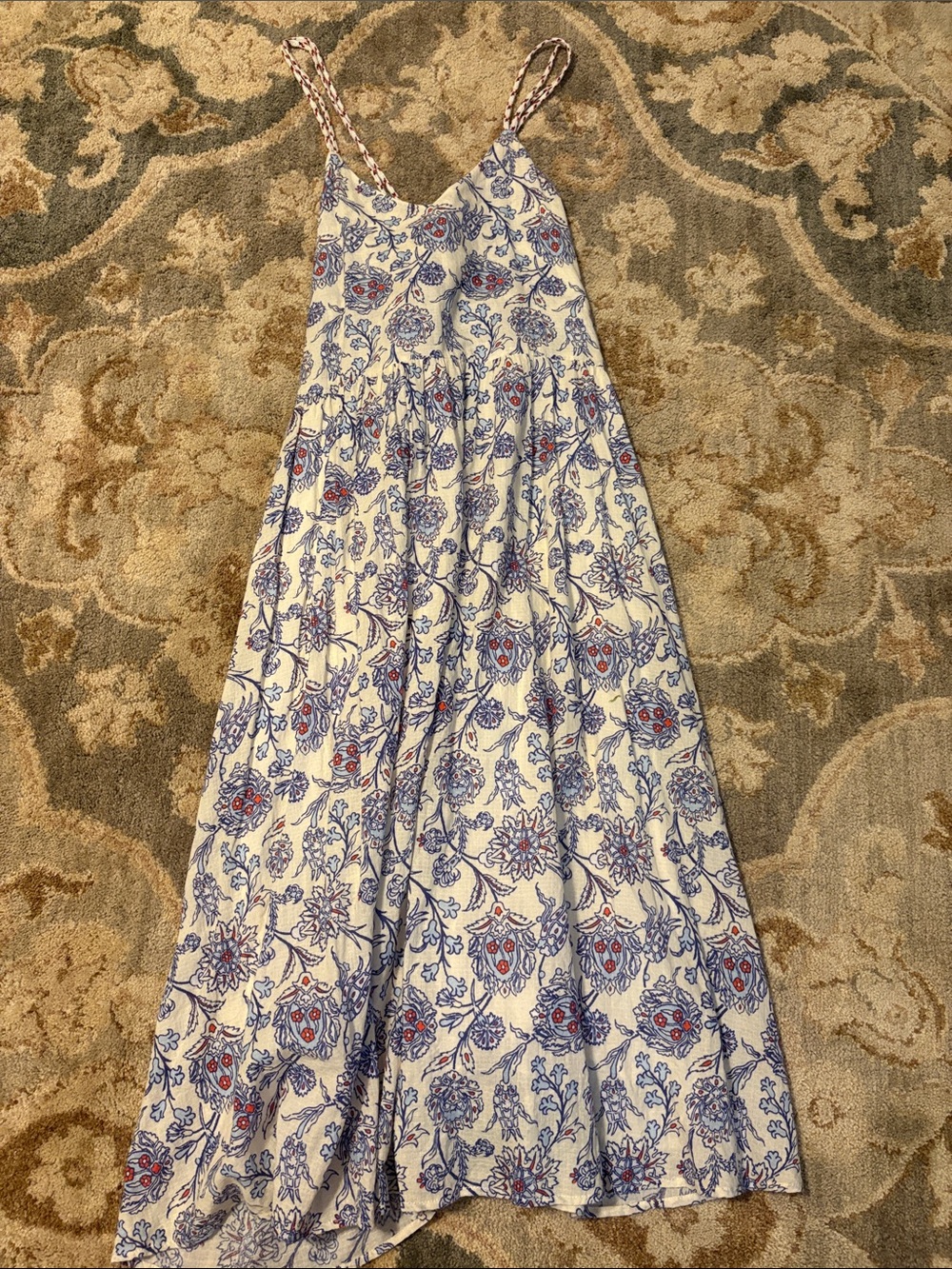 Women’s Cream Floral Maxi Dress with Blue & Red Print